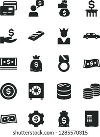 Solid Black Vector Icon Set - strongbox vector, cards, coins, column of, get a wage, dollars, cash, dollar, gold ring, bar, money bag hand, coin, gear, king, limousine, dialog, safe