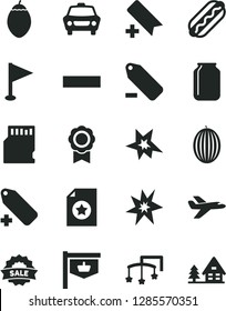Solid Black Vector Icon Set - add bookmark vector, minus, label, remove, pennant, toys over the cot, car, Hot Dog, melon, tamarillo, jar, vintage sign, sale, sd card, medal, bang, star certificate