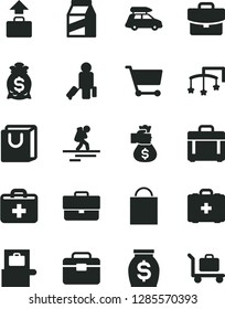 Solid Black Vector Icon Set - briefcase vector, paper bag, first aid kit, toys over the cot, medical, portfolio, case, suitcase, with handles, package, cart, money, hand, car baggage, backpacker