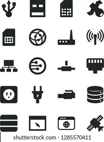 Solid Black Vector Icon Set - power socket type b vector, big data, electric plug, SIM card, scheme, usb, router, network, browser, connect, lan connector, wireless, satellite