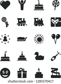 Solid Black Vector Icon Set - rubber duck vector, baby toy train, children's, colored air balloons, cake, birthday, heart, gift, slice, lollipop, giftbox, man hold world, hands up, stars around, sun