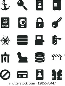 Solid Black Vector Icon Set - prohibition vector, Baby chair, key, door knob, road fence, lock, anchor, passport, big data, reverse side of a bank card, biohazard, identity, security gate, access