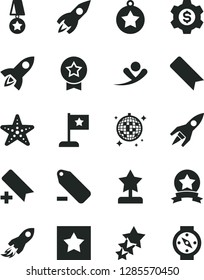 Solid Black Vector Icon Set - add bookmark vector, remove label, rocket, space, star reward, medal, flag, ribbon, dollar gear, three stars, flying man, disco ball, starfish, compass