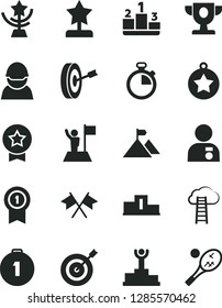 Solid Black Vector Icon Set - stopwatch vector, pedestal, racer, winner podium, prize, star cup, reward, man with medal, flag, mountain, target, purpose, first place, pennant, cross flags, tennis