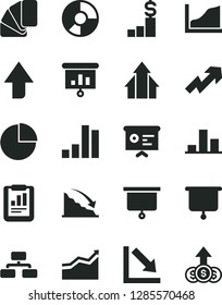 Solid Black Vector Icon Set - upward direction vector, growth up, pie chart, negative, sample of colour, flowchart, bar, recession, statistical report, ring diagram, presentation, financial, graph