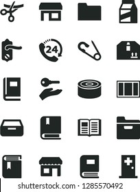 Solid Black Vector Icon Set - book vector, open pin, e, window frame, door knob, folder, drawer, cardboard box, 24, package, canned goods, kiosk, stall, arm with key, grand opening, medical room