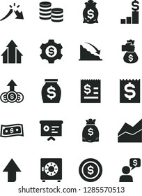 Solid Black Vector Icon Set - upward direction vector, line chart, strongbox, coins, recession, a crisis, article on the dollar, financial item, money, dollars, report, growth arrows, bag hand, coin