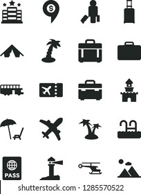 Solid Black Vector Icon Set - suitcase vector, case, passport, coastal lighthouse, sand castle, helicopter, dollar pin, bus, passenger, rolling, plane ticket, tent, arnchair under umbrella, pool