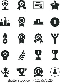 Solid Black Vector Icon Set - star vector, pedestal, medal, laurel branch, prize, award, cup, gold, man hands up, first place, with pennant, ribbon, certificate, stars around