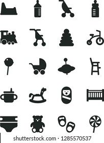 Solid Black Vector Icon Set - baby cot vector, mug for feeding, bottle, measuring, diaper, stroller, summer, sitting, stacking rings, roly poly doll, potty chair, a child, small teddy bear, yule