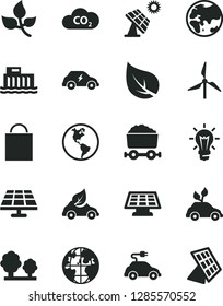 Solid Black Vector Icon Set - paper bag vector, solar panel, big, leaves, leaf, windmill, planet, Earth, hydroelectric station, trees, eco car, environmentally friendly transport, electric, CO2, sun