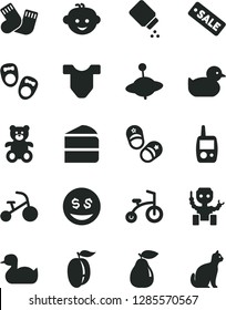 Solid Black Vector Icon Set - baby powder vector, Child T shirt, rubber duck, duckling, warm socks, toy mobile phone, teddy bear, children's hairdo, yule, bicycle, tricycle, piece of cake, pear