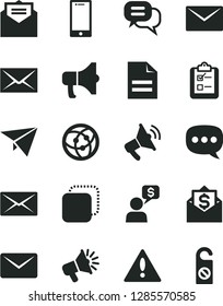 Solid Black Vector Icon Set - warning vector, envelope, scribbled paper, received letter, smartphone, survey, megaphone, copy, loudspeaker, speech, network, mail, dialog, plane, money