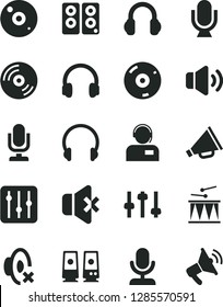 Solid Black Vector Icon Set - desktop microphone vector, horn, silent mode, drumroll, headphones, CD, regulator, volume, no sound, operator, pc speaker, settings, loudspeaker