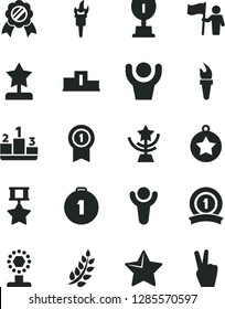 Solid Black Vector Icon Set - star vector, pedestal, flame torch, winner, laurel branch, award, cup, reward, medal, man hold flag, first place, with pennant, ribbon, hero, hands up, victory hand