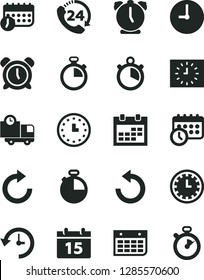 Solid Black Vector Icon Set - calendar vector, stopwatch, clock face, alarm, clockwise, counterclockwise, wall, timer, delivery, 24, watch, black, schedule, history