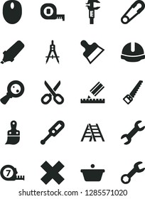 Solid Black Vector Icon Set - scissors vector, cross, safety pin, electronic thermometer e, arm saw, measuring tape, long meashuring, plastic brush, ladder, drawing, construction helmet, putty knife