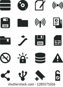 Solid Black Vector Icon Set - warning vector, add bookmark, folder, notes, SIM, connection, statistical research, usb, cd, floppy, wireless, big data, encrypting, escalator, no smoking sign