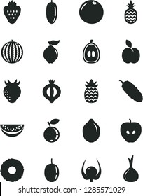 Solid Black Vector Icon Set - cucumber vector, strawberry, a pineapple, apple, quince, tasty, half of medlar, blueberry, water melon, slice, date fruit, loquat, passion, lime, grapefruit, physalis