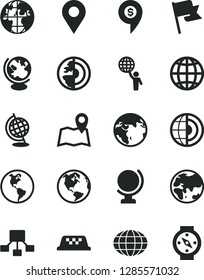 Solid Black Vector Icon Set - globe vector, earth, flag, planet, location, hierarchical scheme, core, man hold world, dollar pin, taxi, map, compass