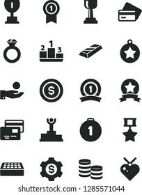 Solid Black Vector Icon Set - brick vector, cards, pedestal, coins, catch a coin, winner podium, award, gold cup, star medal, first place, with pennant, ribbon, hero, diamond ring, bar, dollar, gear