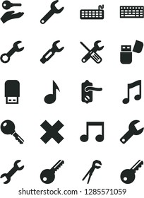 Solid Black Vector Icon Set - repair key vector, cross, small tools, adjustable wrench, door knob, music, steel, keyboard, usb flash, note, arm with