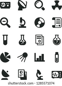 Solid Black Vector Icon Set - zoom out vector, negative histogram, magnifier, artificial satellite, round flask, radiation, dish, antenna, ring diagram, pie charts, statistical research, article