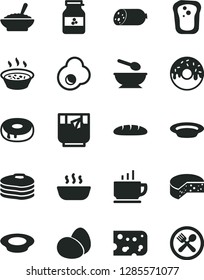 Solid Black Vector Icon Set - deep plate with a spoon vector, coffee, sausage, piece of cheese, eggs, loaf, cake hole, glazed, bowl buckwheat porridge, in saucepan, hot, milk, glass tea, fried egg