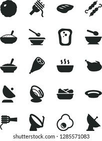 Solid Black Vector Icon Set - deep plate with a spoon vector, plates and spoons, spaghetti, noodles, bowl of buckwheat porridge, rice, hot, lettuce in, chicken, grill leg, chop, meat on skewers
