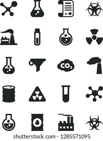 Solid Black Vector Icon Set - round flask vector, manufacture, factory, oil, barrel, industrial building, carbon dyoxide, water filter, research article, test tube, molecule, nuclear, biohazard