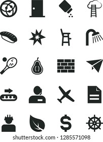 Solid Black Vector Icon Set - scribbled paper vector, baby powder, a chair for feeding child, brickwork, shower, ntrance door, japanese sushi, part of guava, leaf, production conveyor, builder, bang