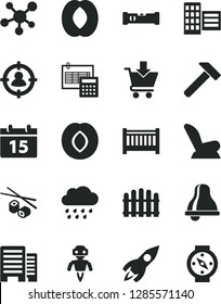 Solid Black Vector Icon Set - bell vector, baby cot, car child seat, rainy cloud, construction level, buildings, city block, calculation, hedge, hammer, calendar, put in cart, Chinese chopsticks