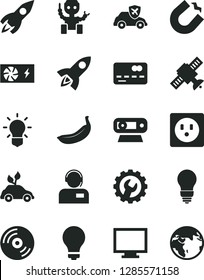 Solid Black Vector Icon Set - matte light bulb vector, monitor, gear, CD, operator, banana, socket, environmentally friendly transport, autopilot, horseshoe magnet, rocket, front of the bank card