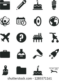 Solid Black Vector Icon Set - sign of the planet vector, graphite pencil, folder, loudspeaker, question, sitting stroller, cake, new roller, plastic brush, put in a box, industrial enterprise, atom
