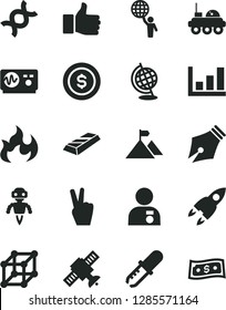 Solid Black Vector Icon Set - dna vector, satellite, pipette, globe, oscilloscope, flame, growth graph, robot, rocket, lunar rover, 3d cube, ink pen, finger up, man hold world, with medal, gold bar