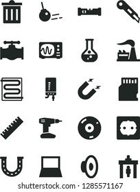 Solid Black Vector Icon Set - bin vector, yardstick, loudspeaker, drill, power socket type f, construction level, stationery knife, heating coil, electronic boiler, core, flask, valve, factory, cd