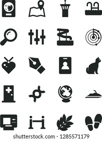 Solid Black Vector Icon Set - zoom vector, dna, settings, globe, radar, biology, ink pen, airport tower, rope barrier, identity card, passport, atm, pool, aquapark, medical room, pets, map,  ski