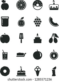 Solid Black Vector Icon Set - cake vector, slice, torte, birthday, glazed with a hole, glass of soda, popsicle, cone, jam, peach, apple, large grape, cornels, melon, tangerine, half cherry, orange