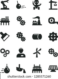 Solid Black Vector Icon Set - workman vector, big core, gears, measuring tape, putty knife, wind energy, factory, industrial, enterprise, gear, Construction crane, pipe, assembly robot, three