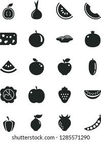 Solid Black Vector Icon Set - piece of cheese vector, slices onion, strawberry, apple, pomegranate, squash, quince, red, slice melon, water, date fruit, tangerine, delicious, half guawa, ripe pepper