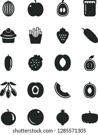 Solid Black Vector Icon Set - muffin vector, cucumber, French fries, jam, strawberry, strawberries, orange, apple, half apricot, medlar, melon, slice of, goji berry, delicious plum, peach, tangerine