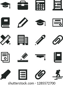 Solid Black Vector Icon Set - clip vector, graphite pencil, new abacus, portfolio, buildings, writing accessories, drawing, square academic hat, text highlighter, scientific publication, book