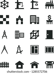 Solid Black Vector Icon Set - box of bricks vector, dwelling, window, frame, ntrance door, buildings, city block, tile, fence, home, industrial enterprise, tower crane, Construction, drawing compass