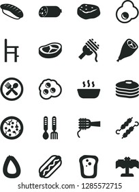 Solid Black Vector Icon Set - a chair for feeding vector, iron fork spoons, sausage, stick of, pizza, Hot Dog, spaghetti, noodles, porridge, grill chicken leg, bacon, meat on skewers, piece, cafe