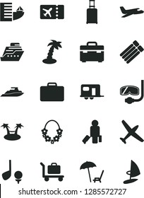 Solid Black Vector Icon Set - suitcase vector, plane, camper, passenger, rolling, ticket, hotel, arnchair under umbrella, palm tree, hawaii wreath, diving mask, baggage, golf, cruiser, hammok, yacht