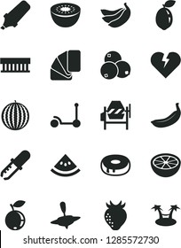 Solid Black Vector Icon Set - small yule vector, Kick scooter, concrete mixer, sample of colour, broken heart, cake with a hole, strawberry, blueberry, blueberries, water melon, banana, bananas