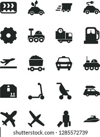 Solid Black Vector Icon Set - truck lorry vector, summer stroller, child Kick scooter, car, delivery, cardboard box, gas station, conveyor, environmentally friendly transport, electric, urgent cargo