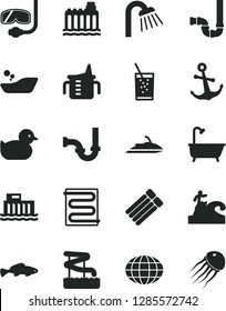 Solid Black Vector Icon Set - measuring cup for feeding vector, baby duckling, children's bathroom, bath, shower, siphon, sewerage, heating coil, anchor, small fish, a glass of soda, globe, aquapark