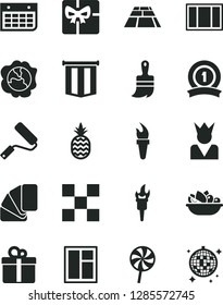 Solid Black Vector Icon Set - window vector, frame, new roller, sample of colour, wooden paint brush, tile, paving slab, gift, a plate fruit, lollipop, pineapple, squash, wall calendar, giftbox