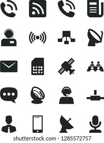 Solid Black Vector Icon Set - rss feed vector, employee, smartphone, phone call, operator, satellite dish, SIM, hierarchical scheme, newspaper, speech, conversation, connect, wireless, mail, antenna